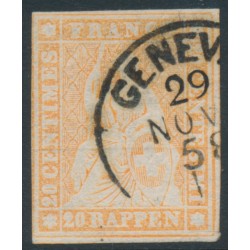 SWITZERLAND - 1857 20Rp orange Helvetia (green thread, late Bern), used – Zumstein # 25G