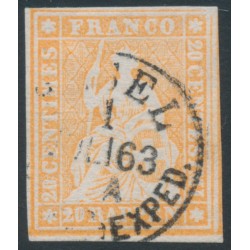 SWITZERLAND - 1857 20Rp orange Helvetia (green thread, late Bern), used – Zumstein # 25G SWITZERLAND - 1857 20Rp orange Helvetia (green thread, late Bern), used – Zumstein # 25G