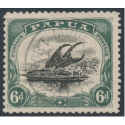 PAPUA / BNG - 1909 6d black/myrtle-green Lakatoi, small PAPUA, perf. 11, sideways wmk, used – SG # 64 PAPUA / BNG - 1909 6d black/myrtle-green Lakatoi, small PAPUA, perf. 11, sideways wmk, used – SG # 64