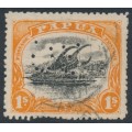 PAPUA - 1908 1/- black/orange Lakatoi, perf. 12½, upright wmk, perf. OS, used – SG # O13