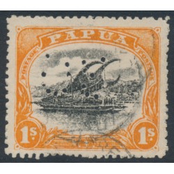 PAPUA - 1908 1/- black/orange Lakatoi, perf. 12½, upright wmk, perf. OS, used – SG # O13