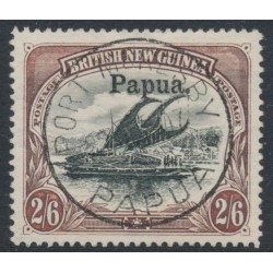 PAPUA / BNG - 1906 2/6 black/brown Lakatoi, horizontal rosettes, o/p large Papua, used – SG # 20