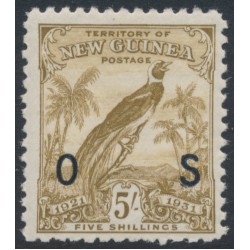 NEW GUINEA - 1931 5/- olive-brown Bird of Paradise, with dates, o/p OS, MH – SG # O41