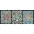 EAST AFRICA - 1904 3a, 4a & 8a KEVII definitives on chalk paper, MH – SG # 22a+23a+26a