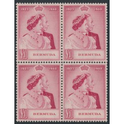 BERMUDA - 1948 £1 carmine Royal Silver Wedding, block of 4, MNH – SG # 126