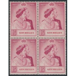 SEYCHELLES - 1948 5/- carmine Royal Silver Wedding, block of 4, MNH – SG # 153
