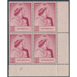 SEYCHELLES - 1948 5/- carmine Royal Silver Wedding, block of 4, MNH – SG # 153