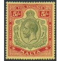 MALTA - 1917 5/- green/red on yellow KGV, multi crown CA watermark, MH – SG # 88
