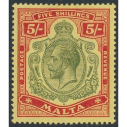 MALTA - 1917 5/- green/red on yellow KGV, multi crown CA watermark, MH – SG # 88