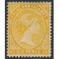 FALKLAND IS - 1896 6d yellow QV, crown CA watermark, MH – SG # 34 FALKLAND IS - 1896 6d yellow QV, crown CA watermark, MH – SG # 34