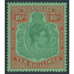 BERMUDA - 1946 10/- deep green/dull red on green KGVI definitive, perf. 14, MH – SG # 119d