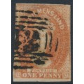 AUSTRALIA / TAS - 1863 1d brick red Chalon, imperf., '1' watermark, used – SG # 27