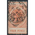 AUSTRALIA / SA - 1904 4d orange-red Long Tom, thin POSTAGE, SA perfin, used – SG # 281