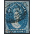 AUSTRALIA / TAS - 1855 4d deep blue Chalon, imperf., large star watermark, used – SG # 17