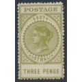 AUSTRALIA / SA - 1906 3d olive-green Long Tom, thick POSTAGE, crown A wmk, MH – SG # 298