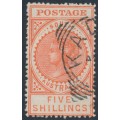 AUSTRALIA / SA - 1906 5/- scarlet Long Tom, thick POSTAGE, crown SA wmk, used – SG # 290a