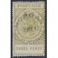 AUSTRALIA / SA - 1911 3d olive Long Tom, thick POSTAGE, crown A wmk, used – SG # 298d