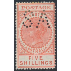 AUSTRALIA / SA - 1904 5/- red Long Tom, thick POSTAGE, crown SA wmk, SA perfin, MH – SG # 290