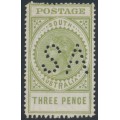 AUSTRALIA / SA - 1911 3d green Long Tom, thick POSTAGE, crown A wmk, SA perfin, MH – SG # 298da