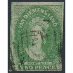 AUSTRALIA / TAS - 1857 2d yellow-green Chalon, imperf., '2' watermark, used – SG # 32