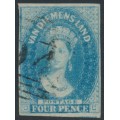 AUSTRALIA / TAS - 1857 4d bright blue Chalon, imperf., '4' watermark, used – SG # 38