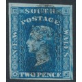AUSTRALIA / NSW - 1856 2d blue Diadem, imperf., ‘2’ watermark, plate I, used – SG # 112