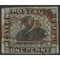 AUSTRALIA / WA - 1854 1d black Swan, imperforate, swan watermark, used – SG # 1