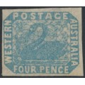 AUSTRALIA / WA - 1854 4d pale blue Swan, imperforate, variety 'Swan has an eye', MNG – SG # 3