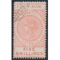 AUSTRALIA / SA - 1902 5/- reddish pink Long Tom, thin POSTAGE, CTO – SG # 277