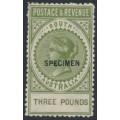 AUSTRALIA / SA - 1892 £3 sage-green Long Tom overprinted SPECIMEN, MH – SG # 202as