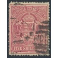AUSTRALIA / VIC - 1887 5/- reddish purple on lemon Stamp Duty, perf. 12½, used – SG # 260d
