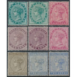 INDIA - 1882 ½a to 2a QV, star watermark, short set of 9, MH – SG # 84-92
