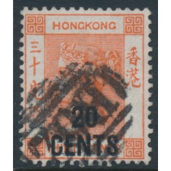 HONG KONG - 1885 20c on 30c orange-red QV, crown CA watermark, used – SG # 40