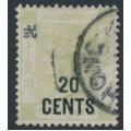 HONG KONG - 1891 20c on 30c yellowish green QV, crown CA watermark, used – SG # 48