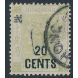 HONG KONG - 1891 20c on 30c yellowish green QV, crown CA watermark, used – SG # 48