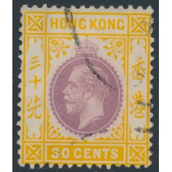 HONG KONG - 1912 30c purple/orange KGV, multi crown CA watermark, used – SG # 110a
