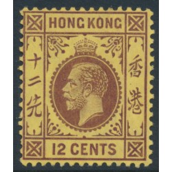 HONG KONG - 1912 12c purple on yellow KGV, multi crown CA watermark, MH – SG # 106