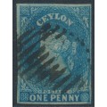 CEYLON - 1857 1d deep turquoise-blue QV, imperforate, large star watermark, used – SG # 2