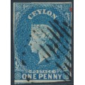 CEYLON - 1857 1d blue QV, imperforate, large star watermark, used – SG # 2a