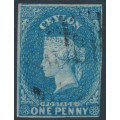CEYLON - 1857 1d blue QV, imperforate on bluish paper, large star watermark, used – SG # 2b