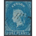 CEYLON - 1857 1d blue QV, imperforate on bluish paper, large star watermark, used – SG # 2b