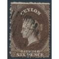 CEYLON - 1861 6d brown QV, perf. 15:15 (clean cut), large star watermark, used – SG # 23