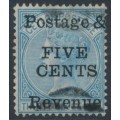 CEYLON - 1885 5c on 36c blue QV, perf. 14:14, crown CC watermark, used – SG # 156