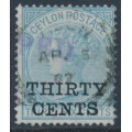 CEYLON - 1885 30c on 36c blue QV, perf. 14:14, crown CC watermark, used – SG # 169
