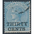 CEYLON - 1885 30c on 36c blue QV, perf. 14:14, reversed crown CC watermark, used – SG # 169x