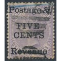 CEYLON - 1885 5c on 16c pale violet QV, perf. 14:14, crown CA watermark, used – SG # 180