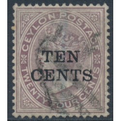 CEYLON - 1885 10c on 24c brown-purple QV, perf. 14:14, crown CA watermark, used – SG # 185