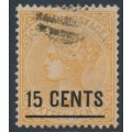 CEYLON - 1885 15c on 16c orange-yellow QV, perf. 14:14, crown CA watermark, used – SG # 189