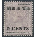 CEYLON - 1885 5c on 8c lilac QV, perf. 14:14, crown CA watermark, MH – SG # 188