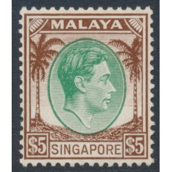 SINGAPORE - 1948 $5 green/brown KGVI definitive, perf. 14:14, MNH – SG # 15